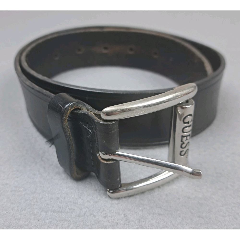 GUESS Women's Black Leather Belt with Silver Buckle